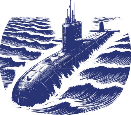 submarine sailing from above on the waves vector drawing engraving