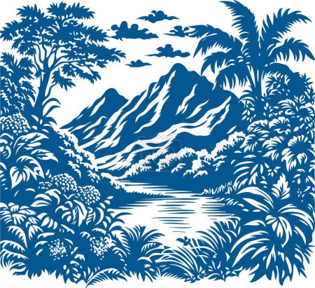 vector monochrome drawing of a jungle with a lake in the center, mountains on the horizon and common vegetation around