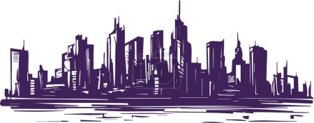 Ilustración de Gran ciudad moderna en el horizonte en el dibujo de croquis vectoriales grabado - Imagen libre de derechos