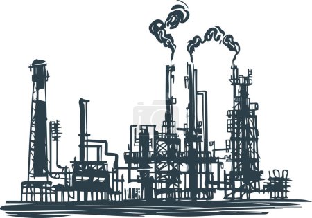 Illustration for Oil refining production in vector stencil engraving - Royalty Free Image