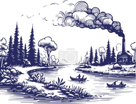 vector rural landscape of a boat on a lake and a small production facility with a smoking chimney in the distance vector stencil