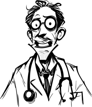 Téléchargez les illustrations : Croquis vectoriel dessin au trait d'un drôle de médecin en robe et avec un statoscope - en licence libre de droit