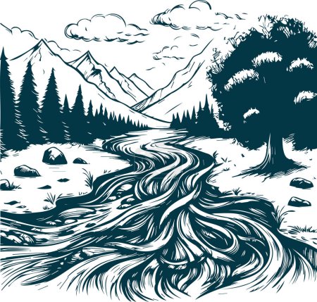 vecteur pochoir paysage d'une rivière dans une forêt avec de hautes montagnes à l'horizon