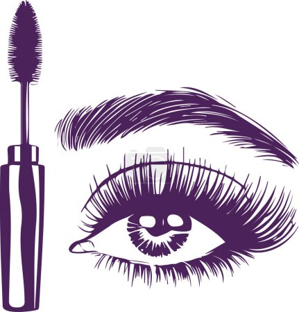 Téléchargez les illustrations : Une brosse à mascara près de l "œil d'une femme avec des cils peints et un sourcil dans un dessin au pochoir vectoriel - en licence libre de droit