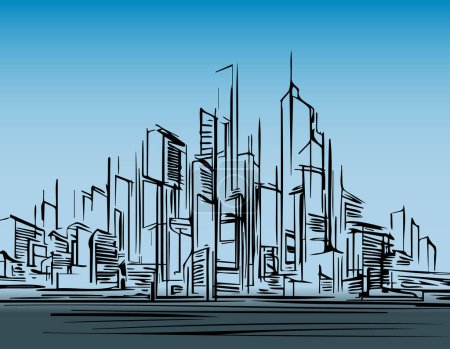 Ilustración de Fondo azul con un patrón de una ciudad moderna dibujada por líneas en vector - Imagen libre de derechos