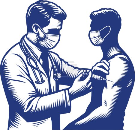 doctor giving vaccination to patient's shoulder in vector monochrome drawing