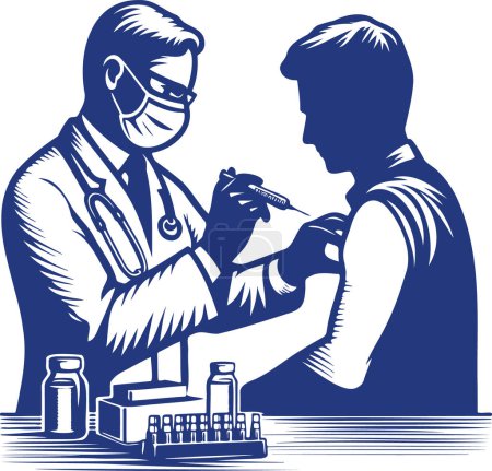 male doctor in a mask makes an injection in the shoulder of a male patient vector stencil drawing