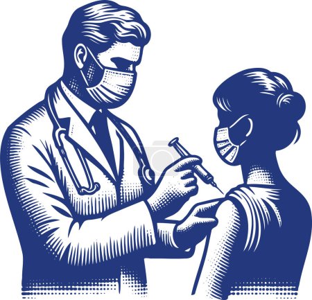 médecin masqué vaccinant le patient dessin au pochoir vectoriel
