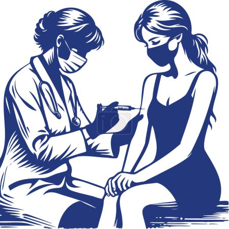 girl doctor administers vaccination with a syringe into the arm of a patient in a vector simple stencil drawing