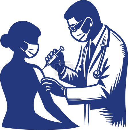 simple vector stencil drawing of a doctor giving a vaccination to a patient