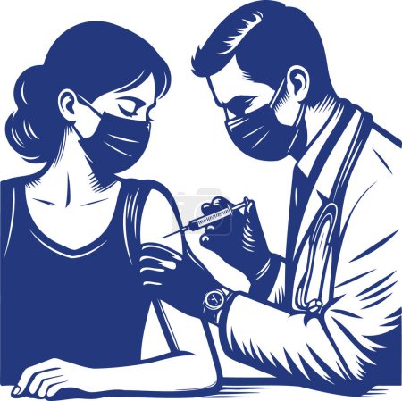 a doctor in a mask makes a vaccination with a syringe to a patient in a mask in the shoulder vector stencil drawing
