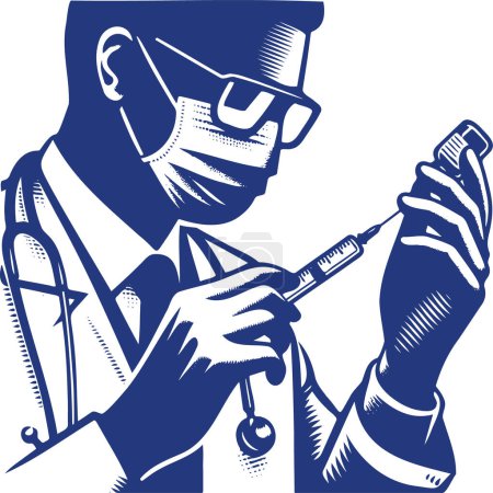a doctor in a mask draws a vaccine from a bottle into a syringe in a vector stencil illustration