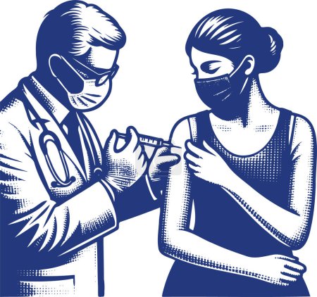 vector monochrome drawing of a doctor with a syringe vaccinating a female patient in the shoulder