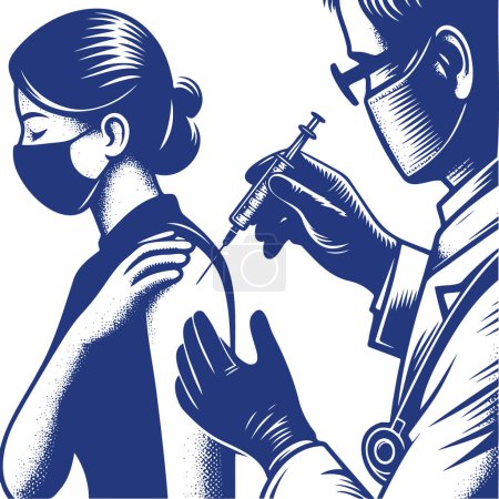 doctor giving vaccination to patient in vector simple stencil illustration