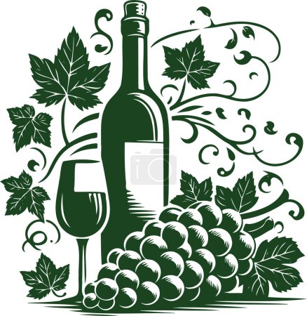 Schablonenvektorgrafik, die eine Weinrebe mit Traubenblättern und Weinflasche zeigt