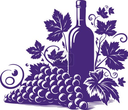 Schablonenvektorgrafik einer Weinrebe mit Blättern Trauben und einer Weinflasche