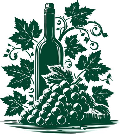 Vektor-Schablonendesign mit Weintraubenblättern und Weinflasche