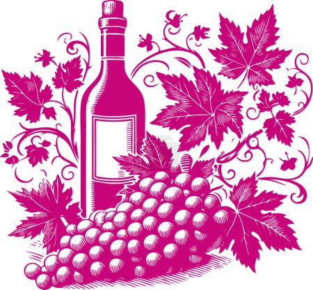 Vektorschablonen-Kunstwerk mit Traubenblättern und Weinflasche