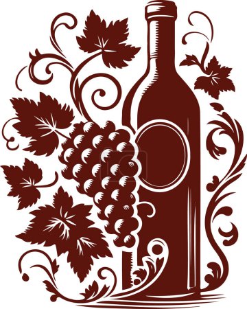 Illustration vectorielle au pochoir de feuilles de raisin et bouteille de vin