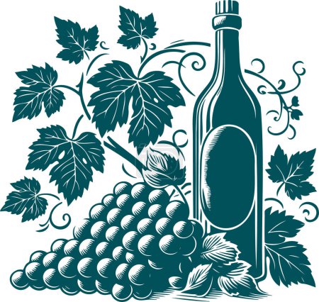 Vector stencil design showcasing a grapevine grapes and wine bottle