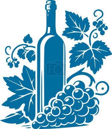 Grapevine silhouette with leaves and grape cluster near a wine bottle in a vector stencil artwork