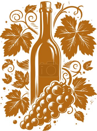Vector stencil illustration of a grapevine with leaves and a bunch of grapes next to a wine bottle