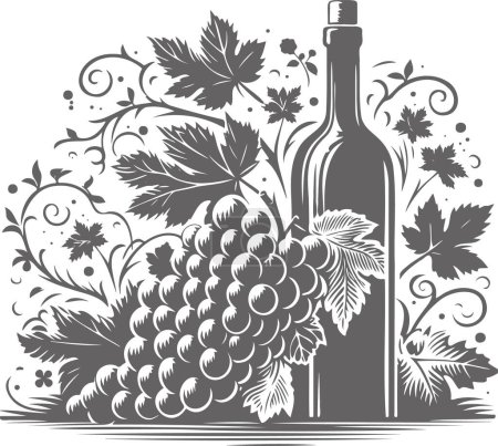 Grapevine silhouette with leaves and grape cluster near a wine bottle in a vector stencil design