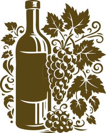 Rebensilhouette mit Blättern und Trauben in der Nähe einer Weinflasche in einer Vektorschablone