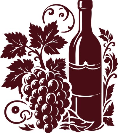 Illustration in vector stencil style displaying grapevine grape cluster and wine bottle
