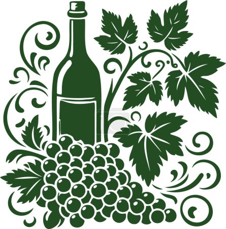 Weinstock mit Blättern und Trauben in der Nähe einer Weinflasche in einer Vektorschablone