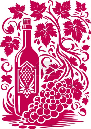 vigne avec des feuilles et un bouquet de raisins près d'une bouteille de vin dessin au pochoir vectoriel