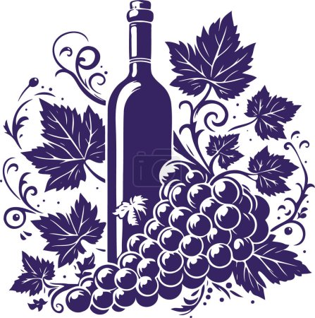 Weinrebe mit Blättern und Trauben in der Nähe einer Weinflasche in einer Vektorschablone