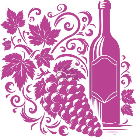 Illustration in vector stencil style depicting grapevine grape cluster and wine bottle