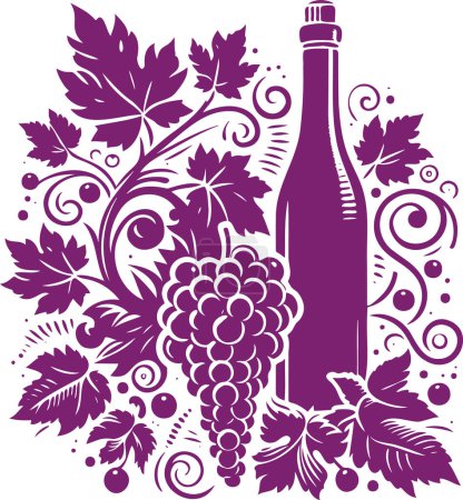 Ilustración en estilo de plantilla vectorial mostrando racimo de uva de vid y botella de vino