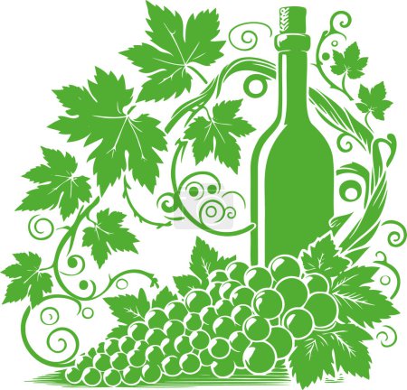 Schablonenvektorzeichnung mit Weintrauben und Weinflasche