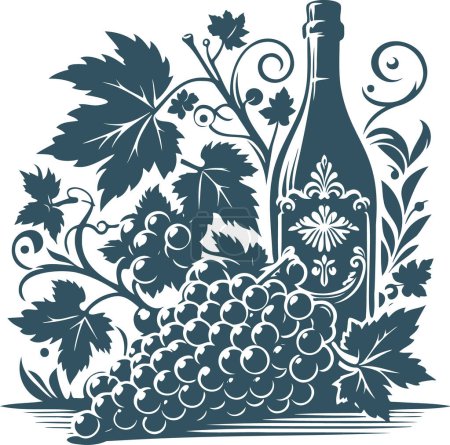 Schablonenvektorgrafik, die eine Weinrebe mit Traubenblättern und Weinflasche darstellt