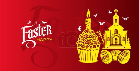 Easter holiday layout design with vector illustration inscription and themed stencil artwork