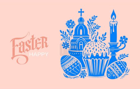 Diseño de diseño de festividad de Pascua con texto gráfico vectorial y ilustraciones de plantilla temáticas