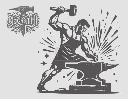 A robust blacksmith swings a hammer at the anvil creating sparks in a vector drawing