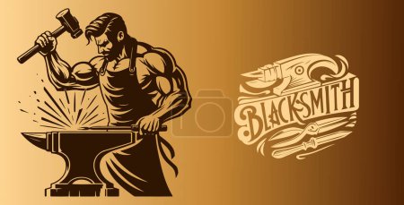 A strong blacksmith pounds the anvil with a hammer causing sparks to fly in a vector image