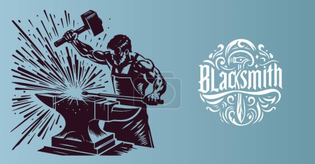 A robust blacksmith swings a hammer at the anvil generating sparks in a vector graphic
