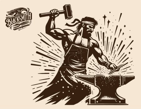 In a vector illustration a brawny blacksmith hammers the anvil creating sparks