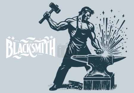 Illustration for In a vector image a powerful blacksmith strikes the anvil causing sparks to erupt - Royalty Free Image