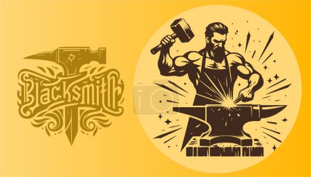A burly blacksmith hammers the anvil creating sparks in a vector illustration