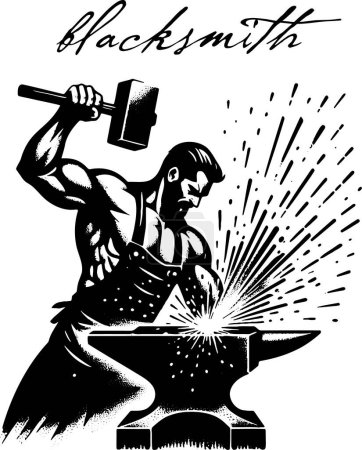 A muscular blacksmith strikes the anvil with a hammer sending sparks flying in a vector drawing