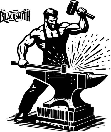 A muscular smith strikes the anvil with a hammer producing sparks in a vector graphic
