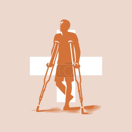 ein Mann steht auf zwei Krücken mit erhobenem Bein in Vektorillustration