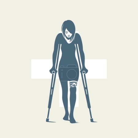 una chica con una pierna vendada se coloca sobre muletas en una ilustración vectorial sobre un fondo claro