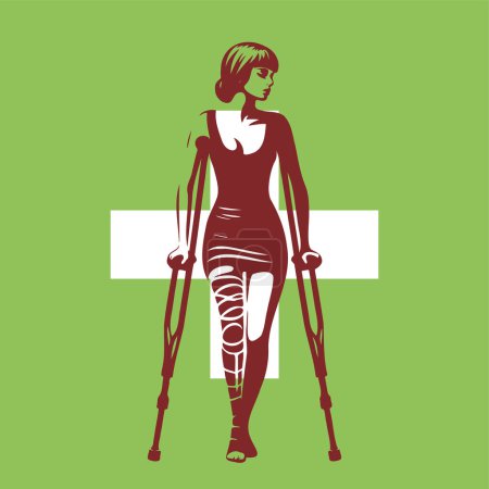 Téléchargez les illustrations : Une fille se tient sur des béquilles avec une jambe plâtrée dans un dessin au pochoir vectoriel - en licence libre de droit
