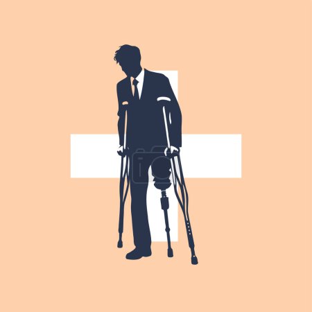 a man in a business suit with a prosthesis instead of a leg stands on crutches, vector drawing on a beige background